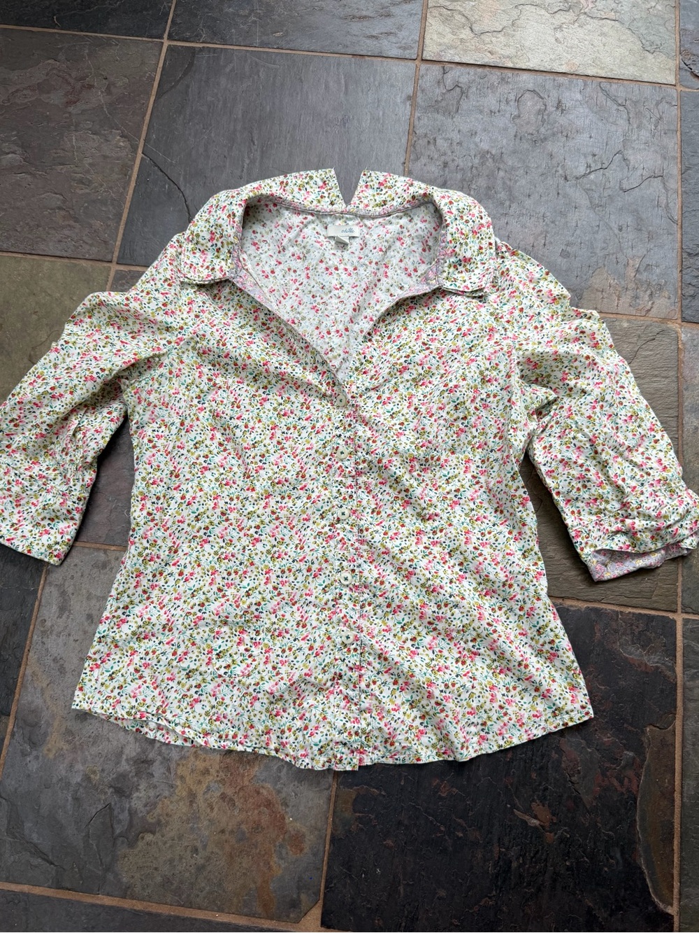 Anthropologie’s Odille White Floral Button-Down Top with Pink and Green Accents